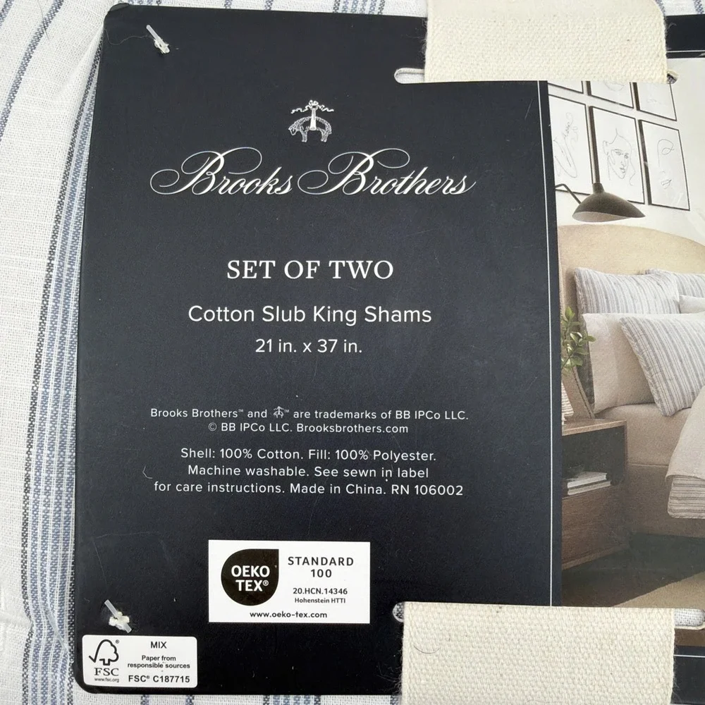 Brooks Brothers Pillow Shams KING White Blue Stripe 100% Cotton Slub Quilted